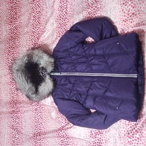 Girl's Purple Puffer Jacket with faux fur hood Quilted Parka Small 7-8
